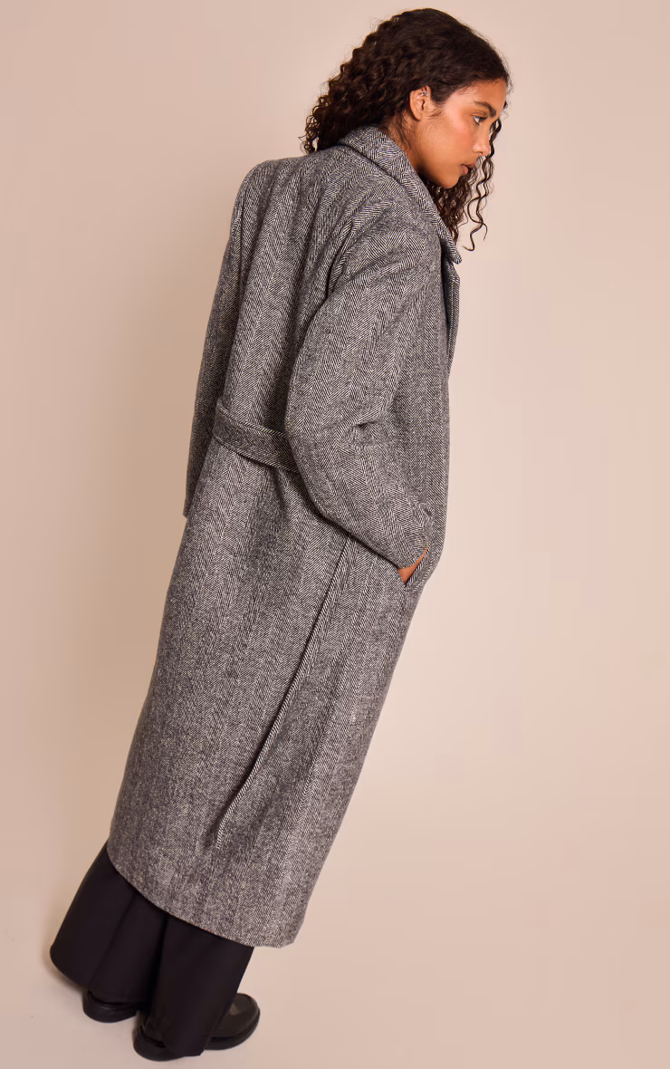 Grey Herringbone Tie Waist Maxi Coat