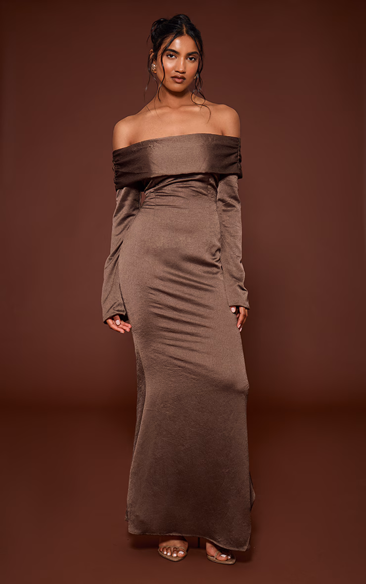 Mocha Bardot Long Sleeve Maxi Dress