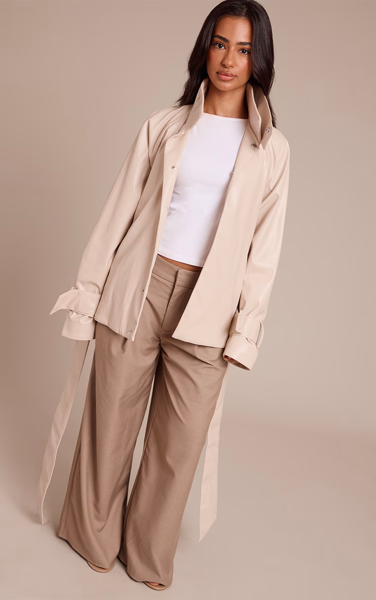 Petite Cream Faux Leather Belted Funnel Neck Coat