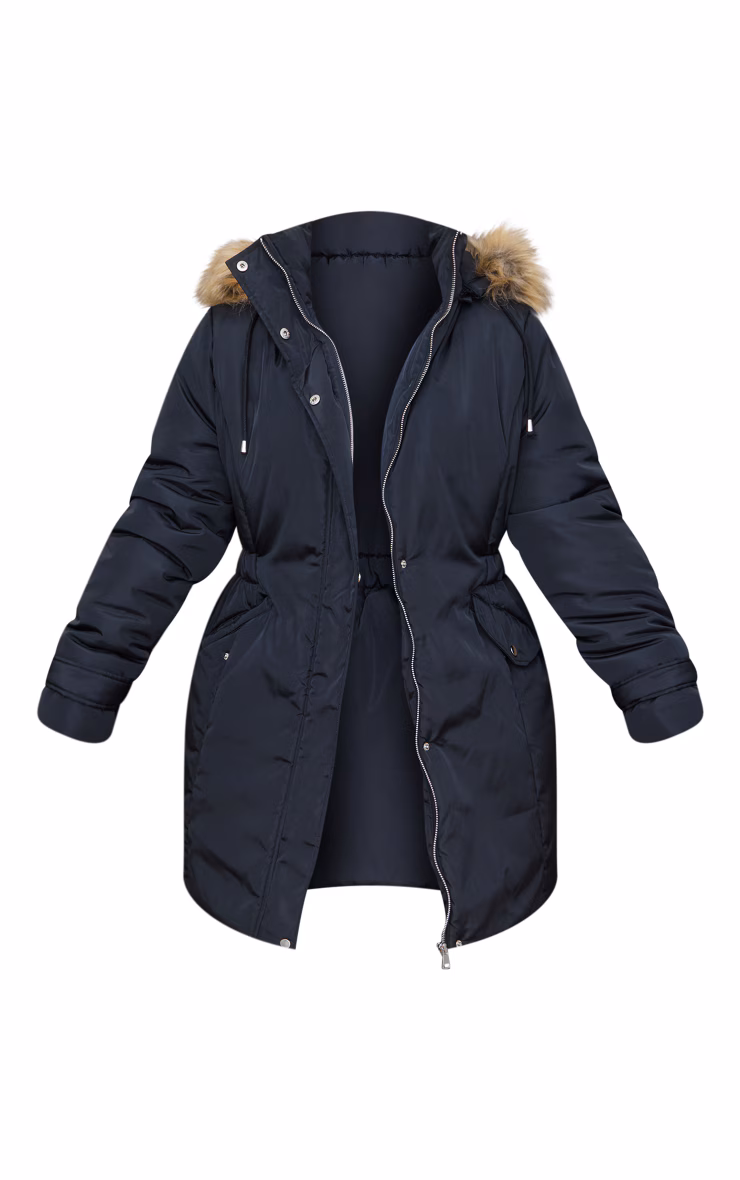 Plus Black Fur Hood Elasticated Waist Longline Parka Coat