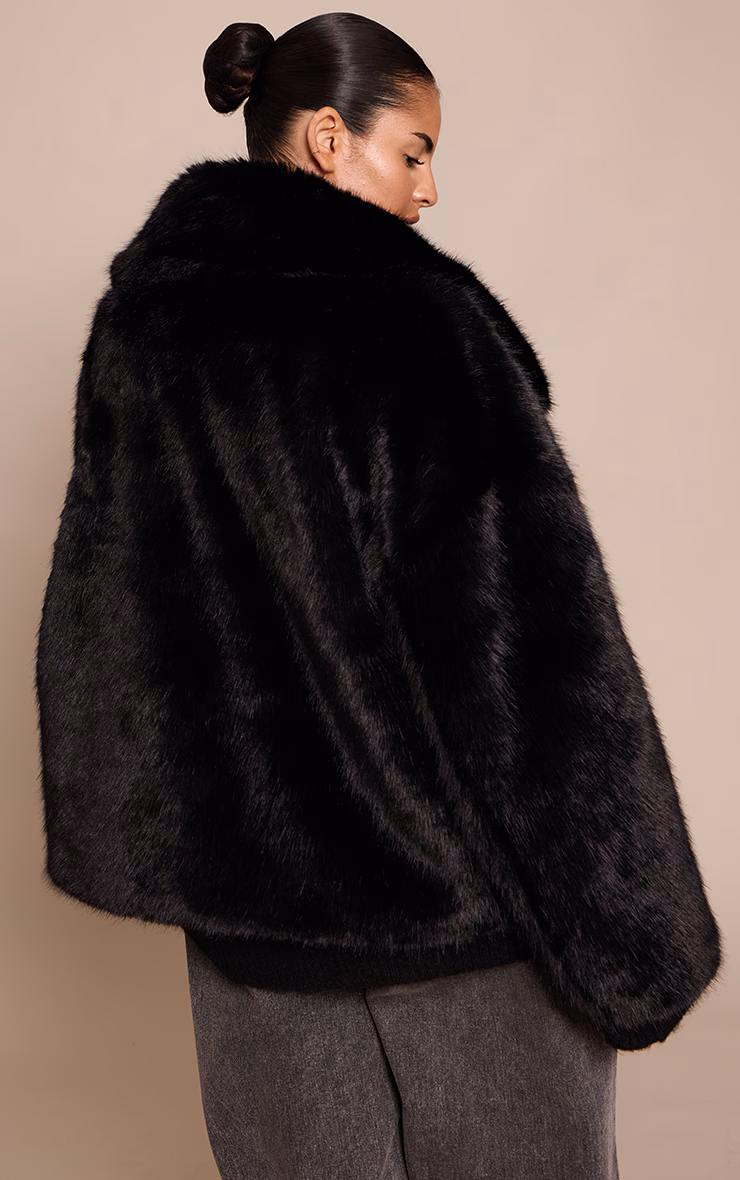 Plus Black Faux Fur Short Shawl Collar Coat