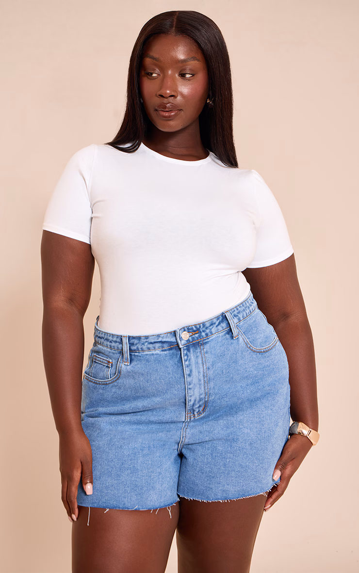 Plus Mid Blue Wash Raw Hem Denim Hotpants