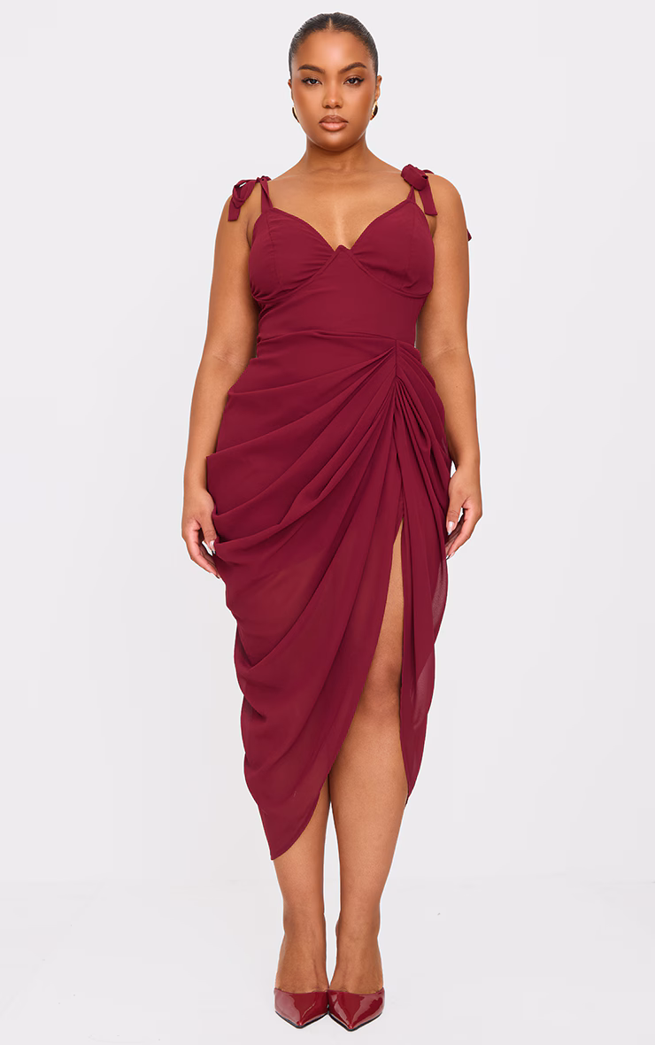 Plus Burgundy Underwire Detail Draped Midi Dress