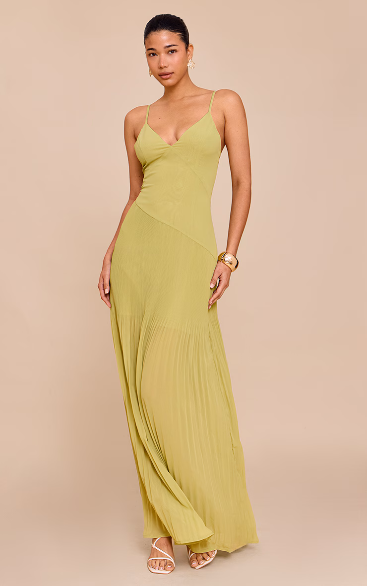 Lime Woven Pleated Hem Detail Spaghetti Maxi Dress