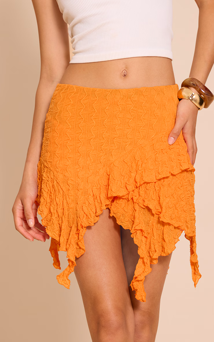 Orange Sheer Textured Jersey Handkerchief Hem Mini Skirt