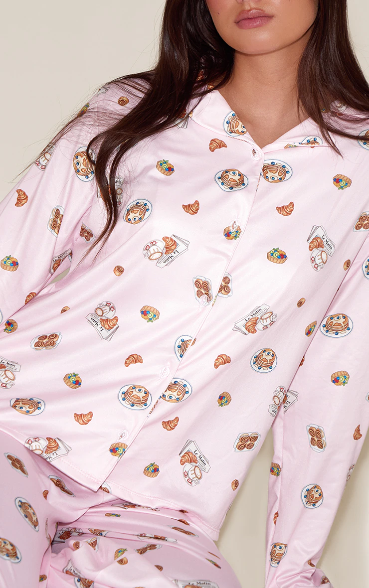 Pink Breakfast Print Long Sleeve Button Through PJ Set