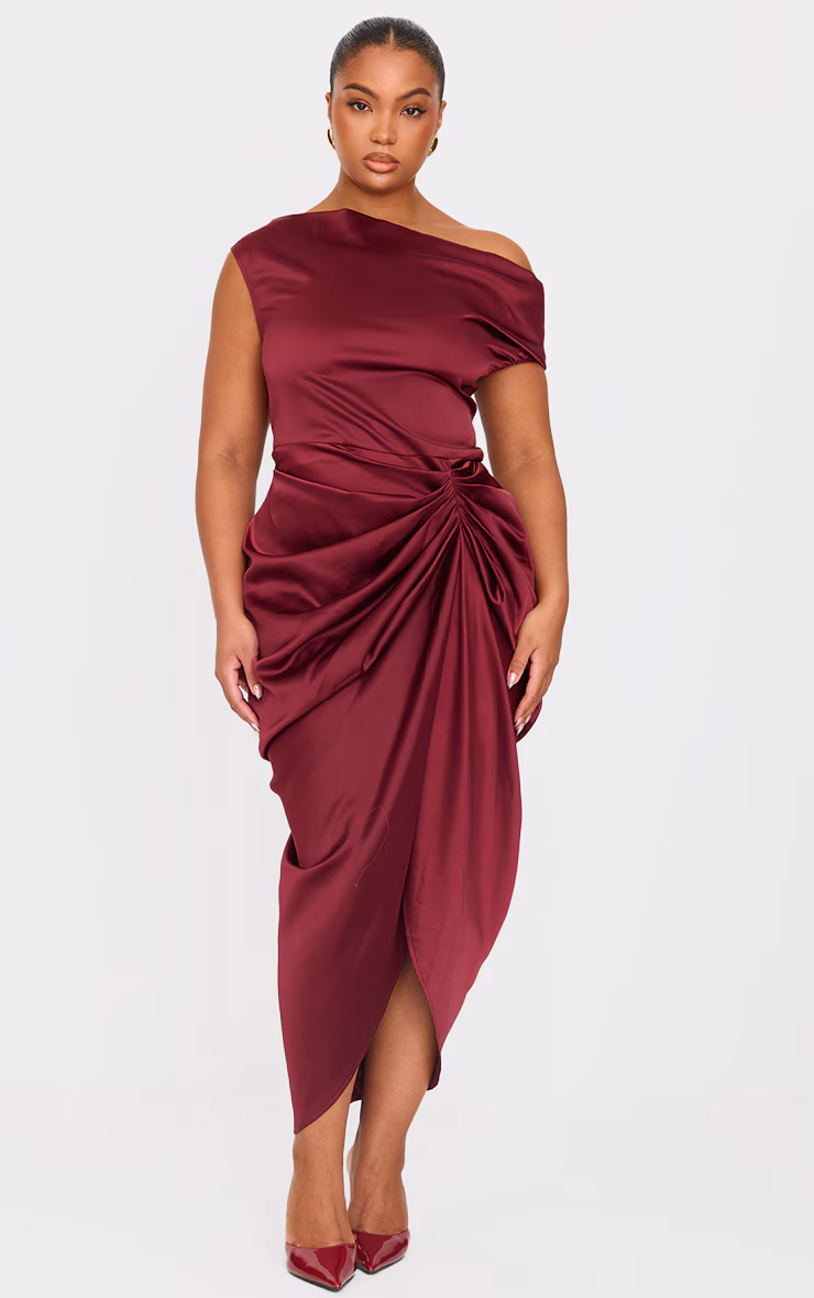 Plus Burgundy Satin Off The Shoulder Draped Skirt Midi Dress