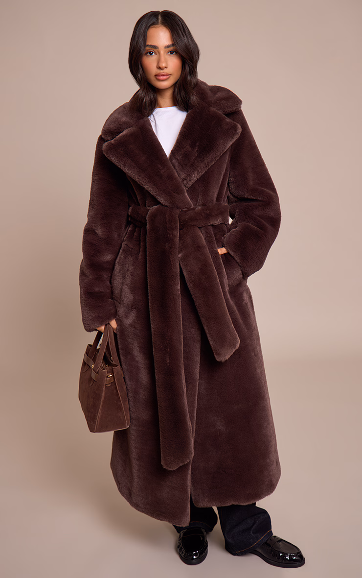 Petite Chocolate Faux Fur Tie Waist Maxi Coat