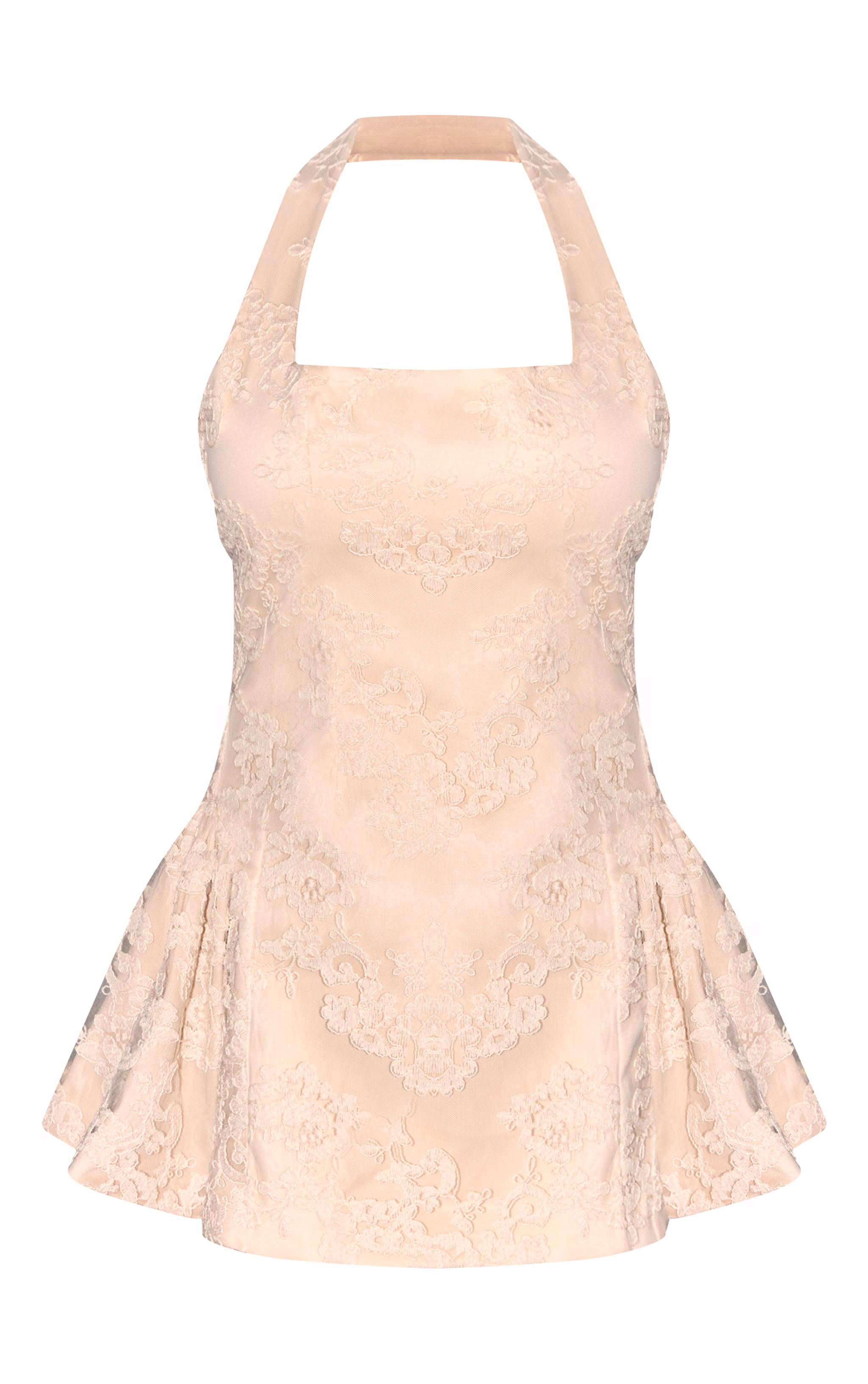 Light Nude Floral Crochet Lace Halterneck Mini Dress