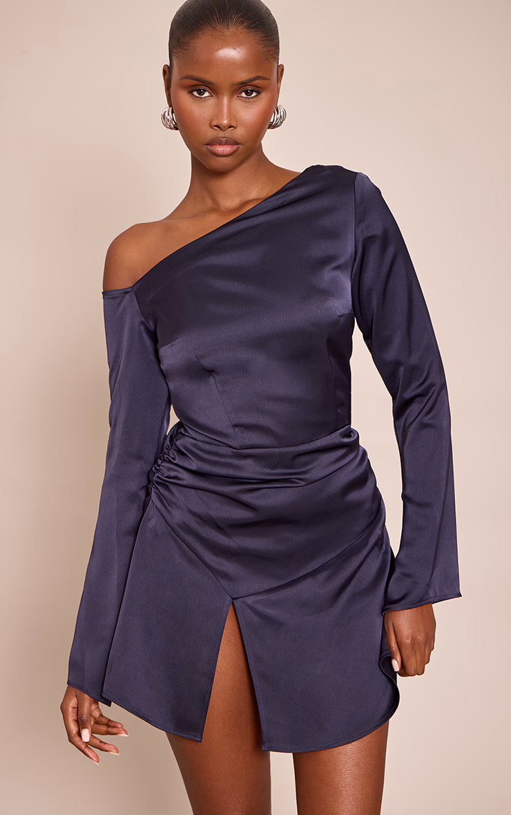 Navy Satin Asymmetric Long Sleeve Mini Shift Dress