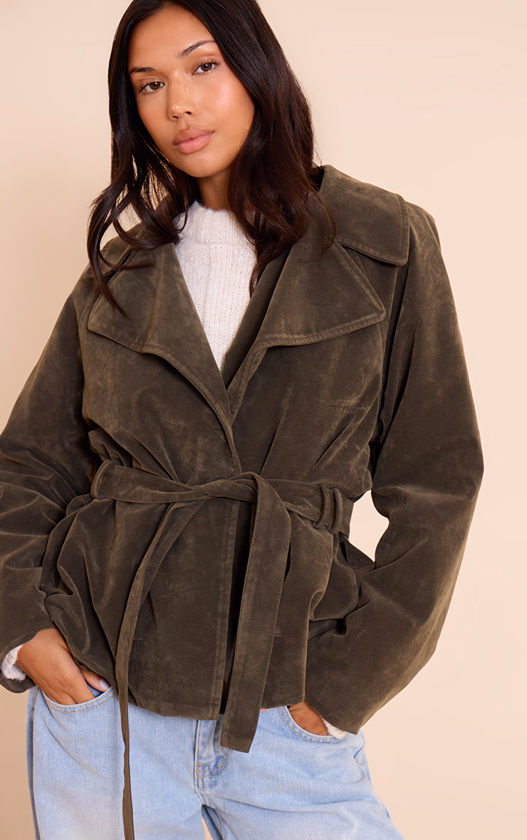 Khaki Faux Suede Belted Jacket