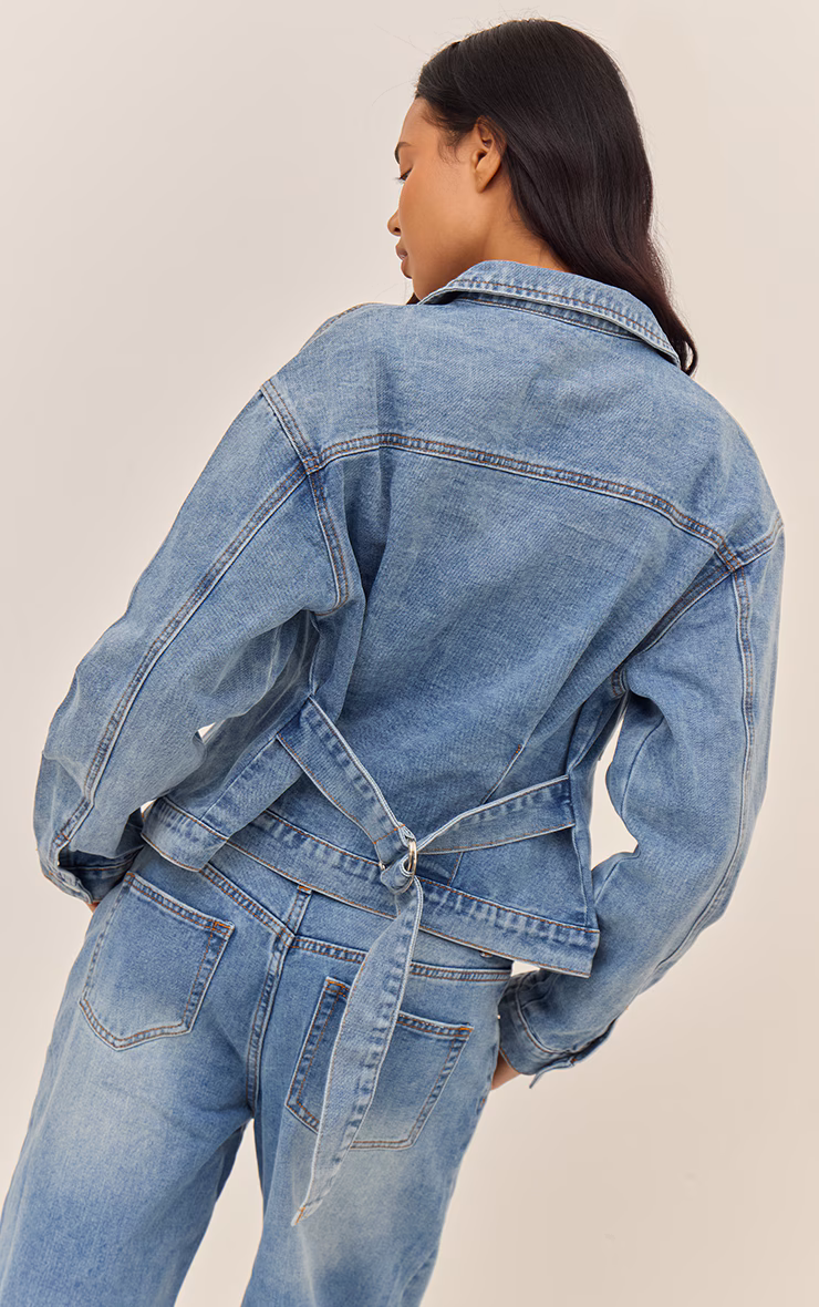 Mid Blue Wash Pleated Cinch Back Denim Jacket