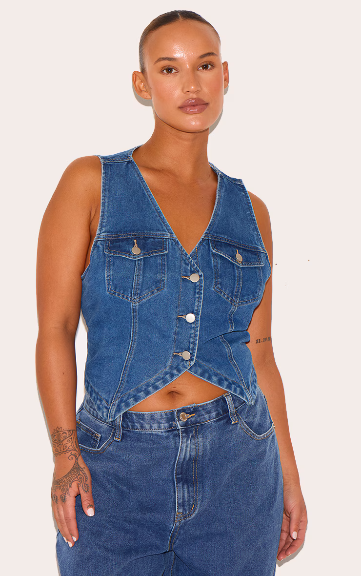 Plus Indigo Blue Wash Halterneck Button Front Denim Vest
