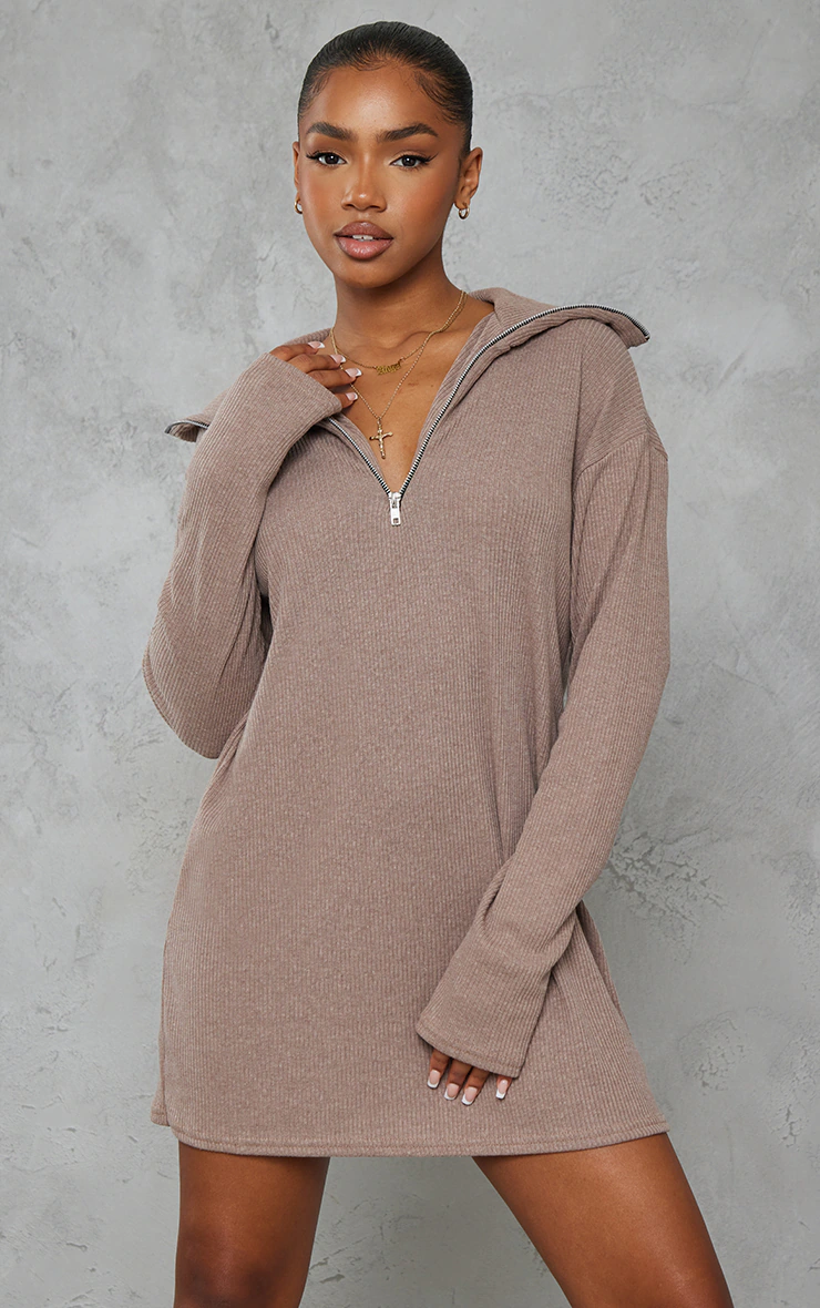 Mocha Rib High Neck Half Zip Oversized Sweater Dress