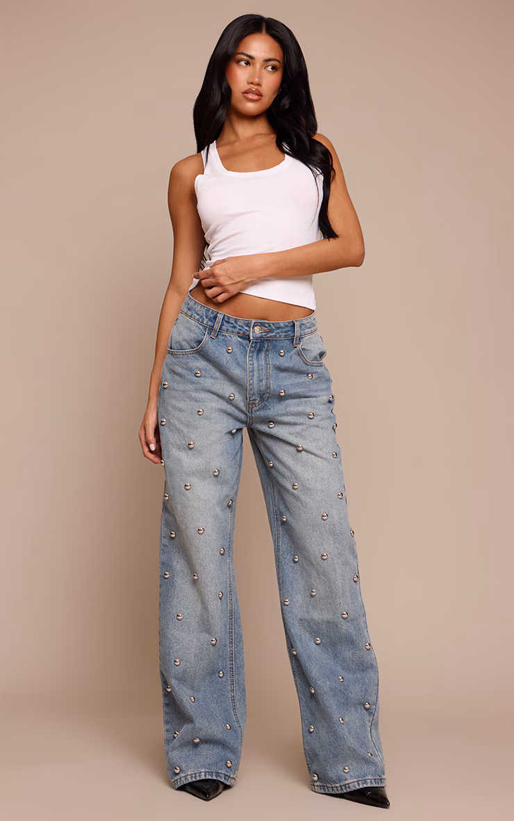 Mid Blue Dome Stud High Waisted Denim Jeans