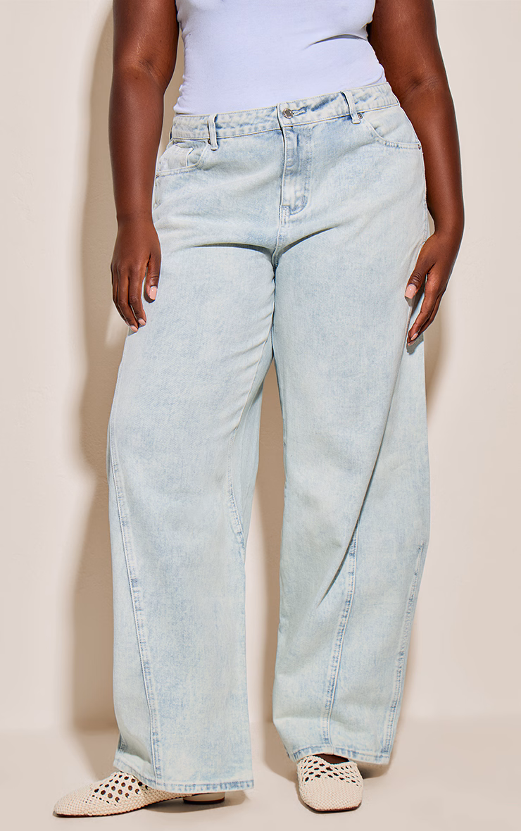 Plus Ice Blue Seam Detail Relaxed Wide Leg Jeans