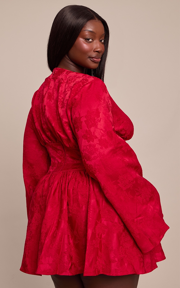 Plus Red Floral Jacquard Flute Sleeve Mini Dress
