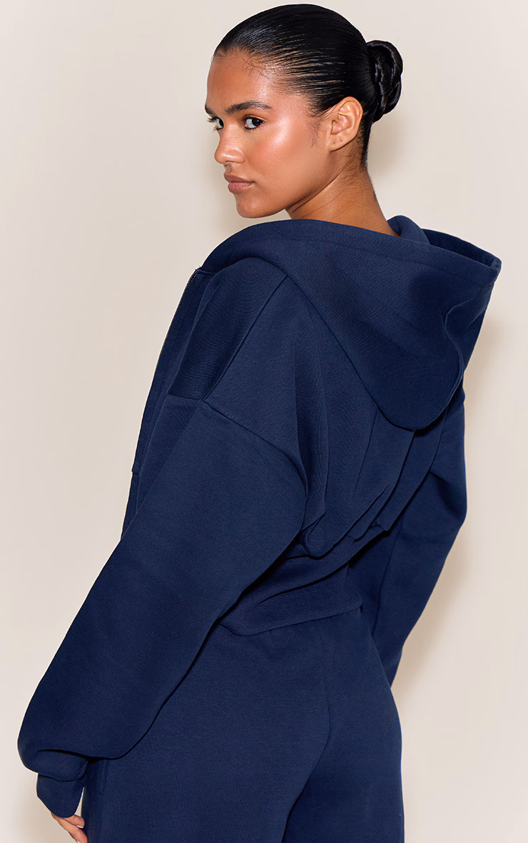 Navy Cinched Cropped Zip Up Hoodie