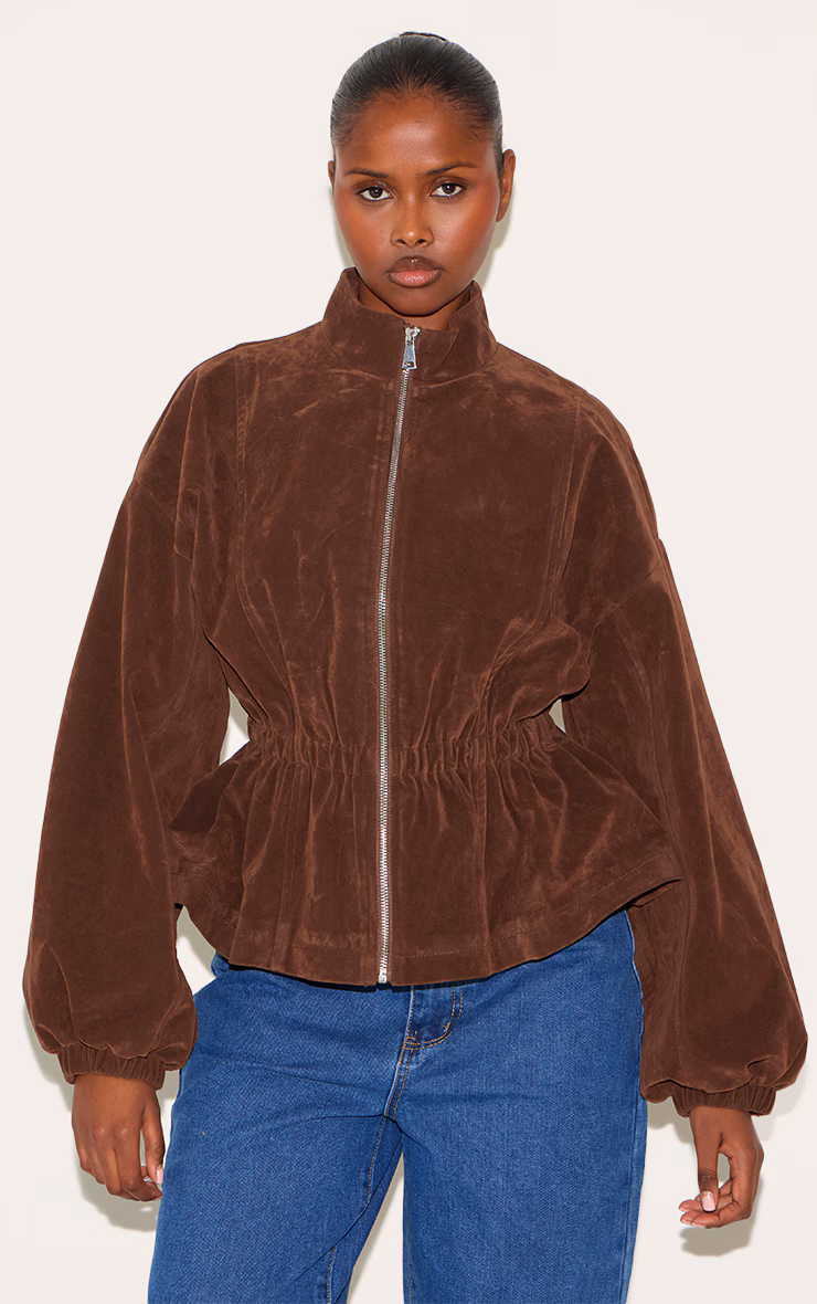 Brown Cinched Waist Faux Suede Jacket