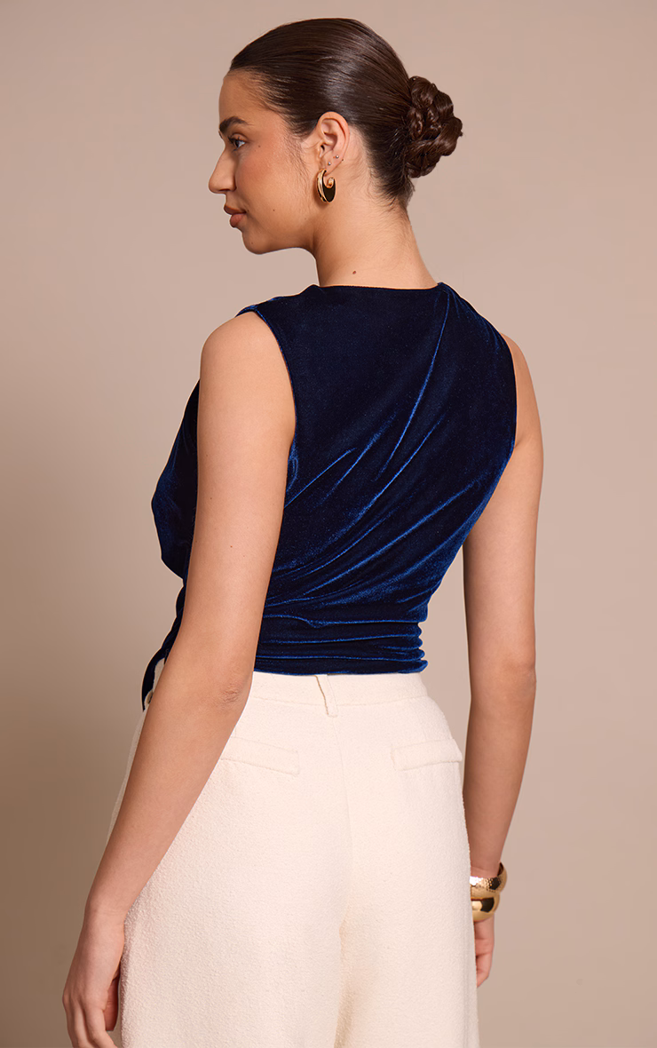 Navy Velvet Trim Detail Cowl Neck Top