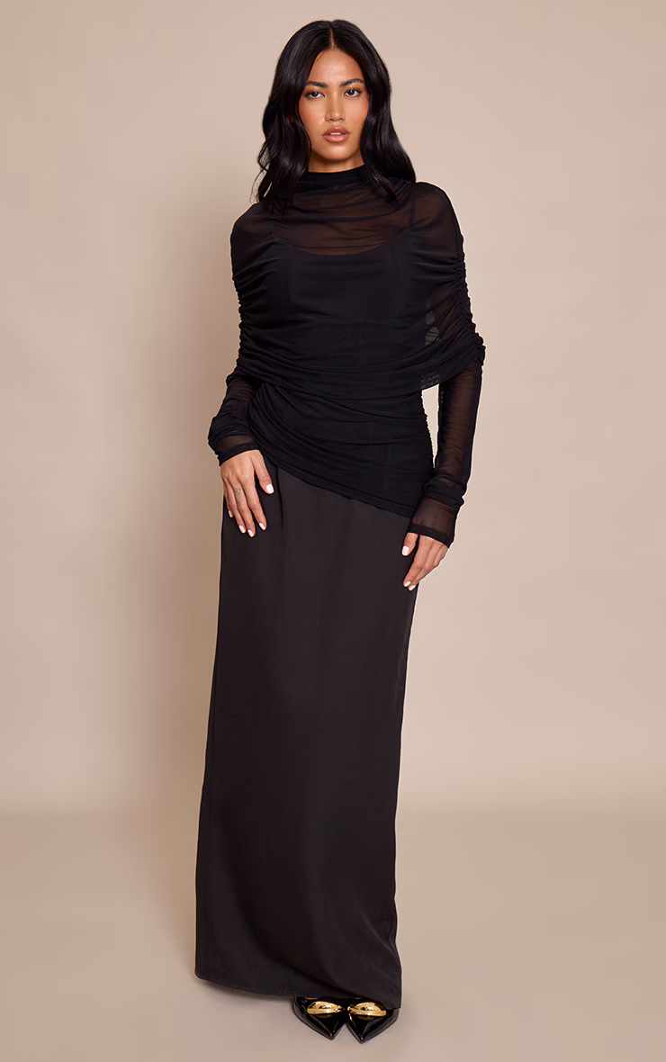 Black Cape Detail Long Sleeve Maxi Dress