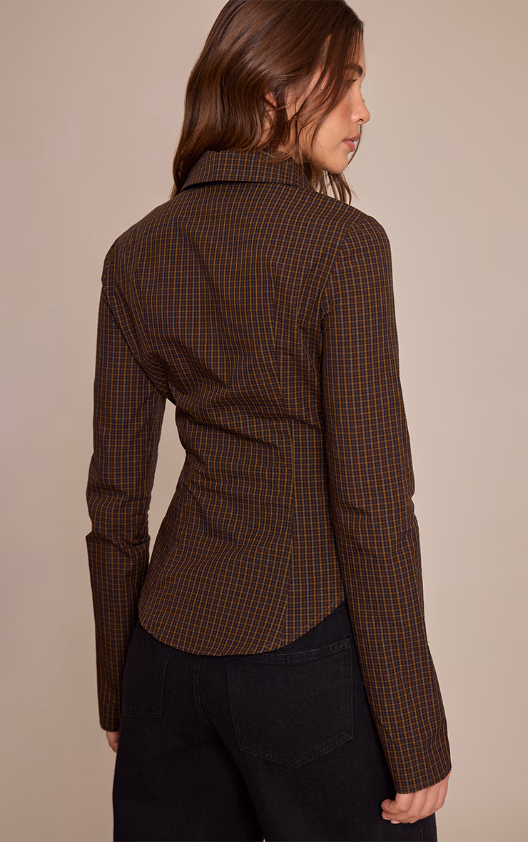 Brown Check Tie Detail Fitted Shirt
