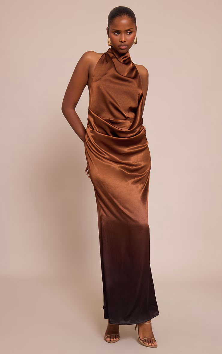 Bronze Satin Ombre Print Cowl Neck Maxi Dress