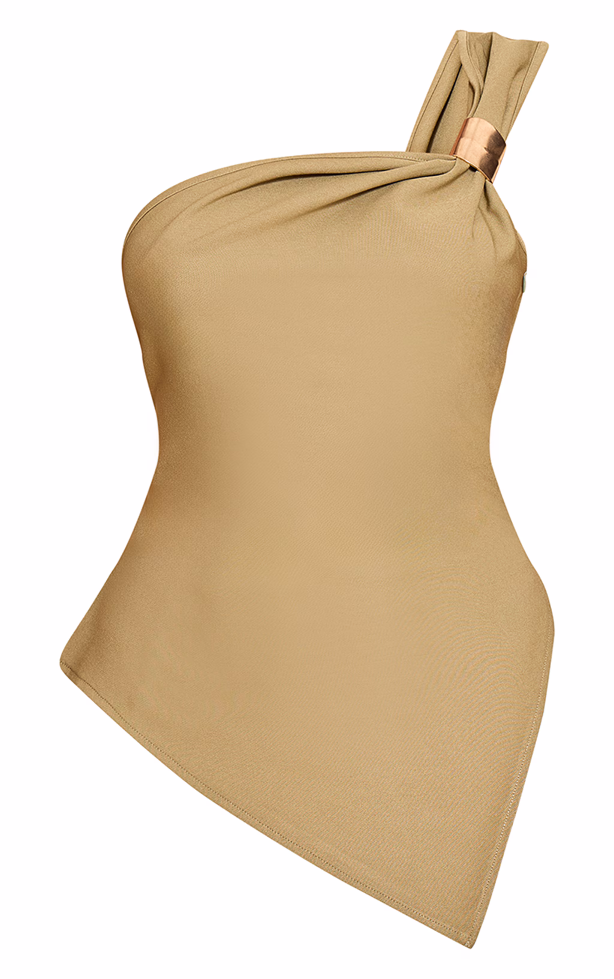 Olive Asymmetric One Shoulder Trim Detail Long Top