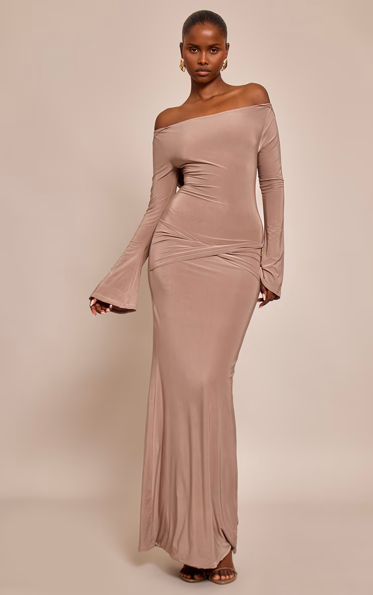 Mocha Double Slinky Twist Detail Maxi Dress