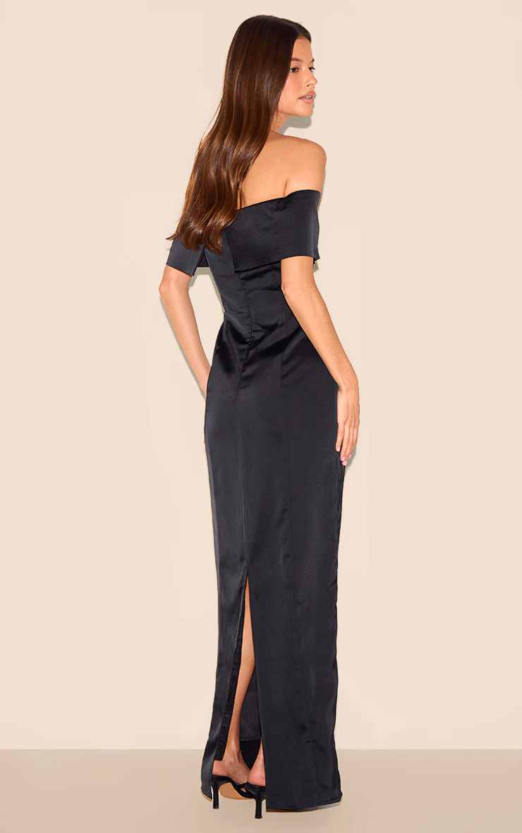 Black Bridesmaid Bardot Fold Over Sleeveless Maxi Dress