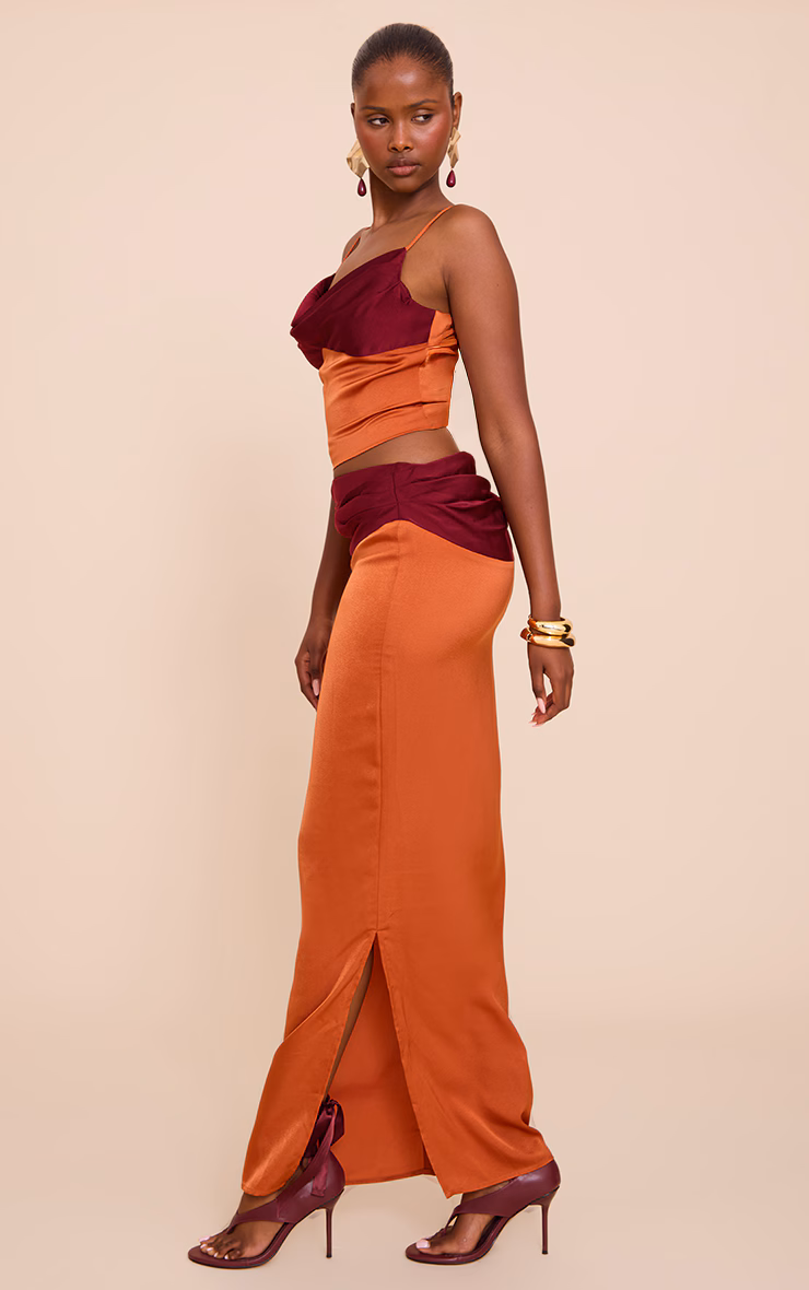 Multi Satin Pleated Contrast Maxi Skirt