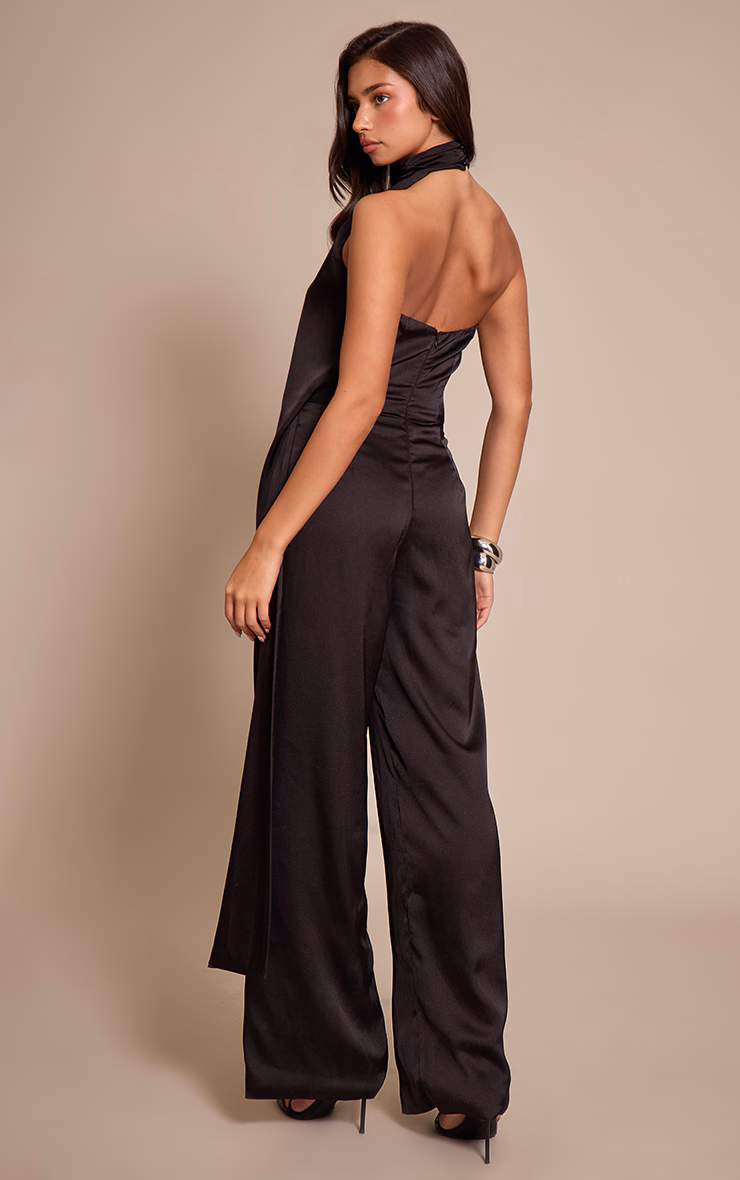 Black Satin Drape Wide Leg Jumpsuit
