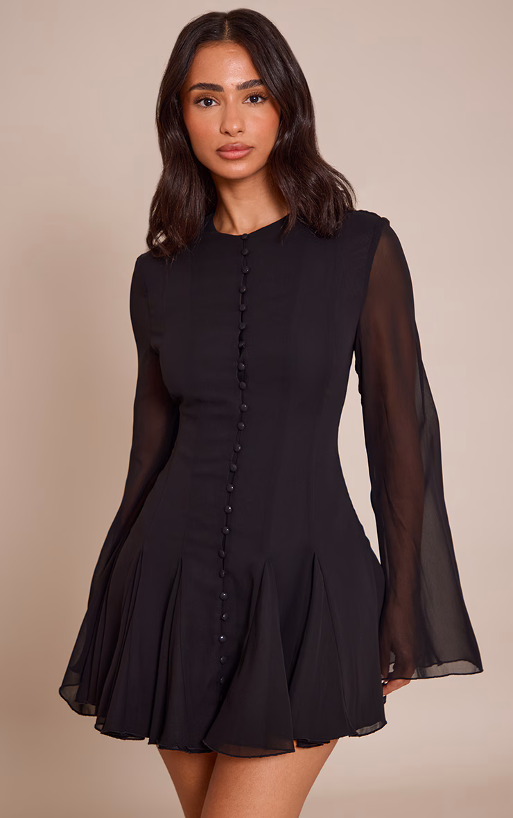 Petite Black Button Detail Long Sleeve Mini Dress