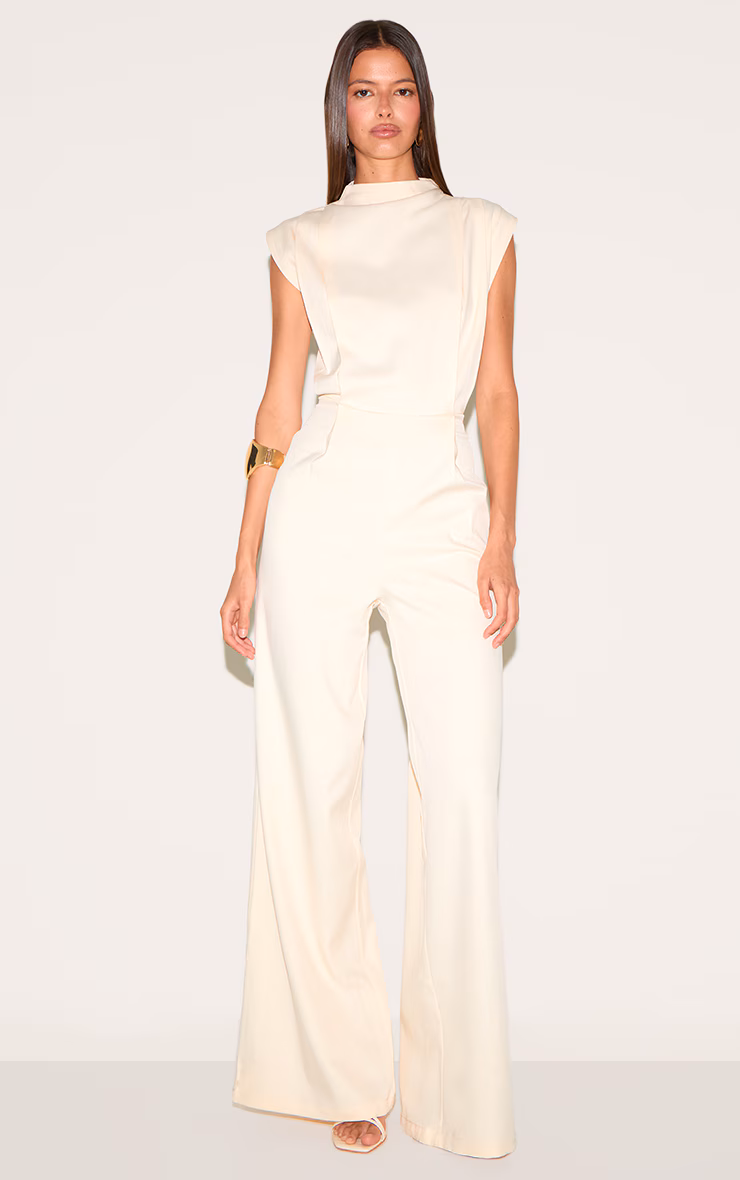 Almond Woven Cap Sleeve Wide Leg Jumpsuit