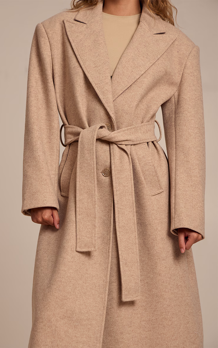 Oat Single Breasted Self Tie Wool Look Maxi Coat