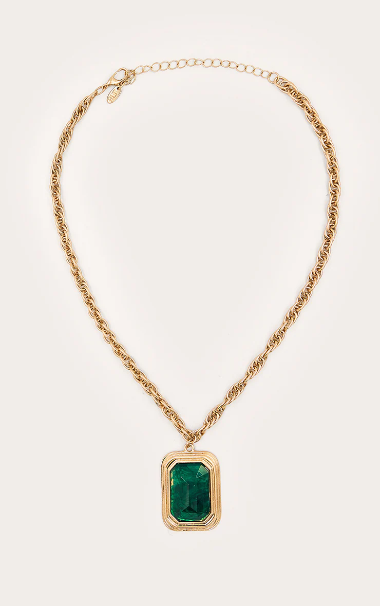 PLT Label Green Pendant Gold Chain Necklace