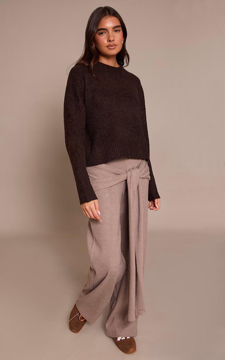 Mushroom Brushed Wrap Detail Straight Leg Pants