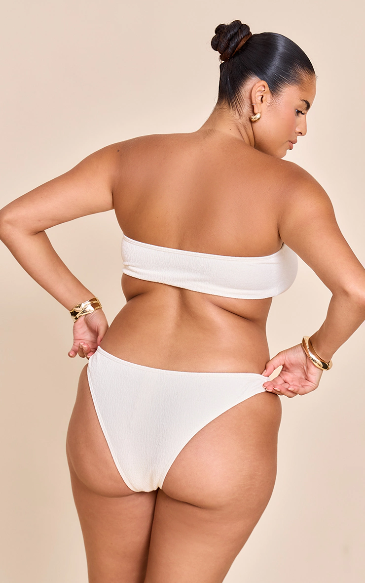 Plus Cream Textured Flower Trim Bandeau Bikini Top