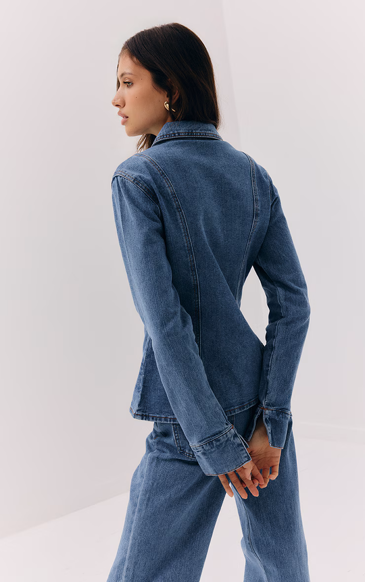 Mid Blue Wash Cinched Waist Seam Detail Long Sleeve Shirt