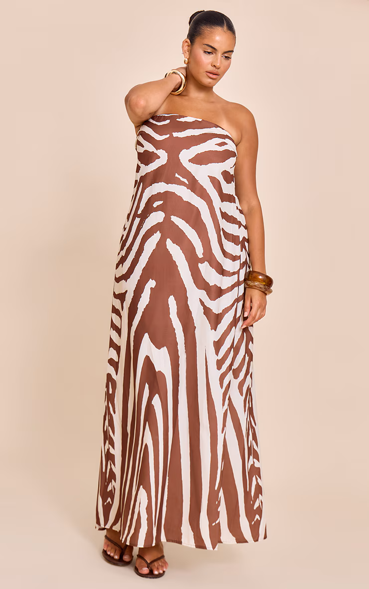Plus Tan Zebra Abstract Print Woven Bandeau Maxi Dress
