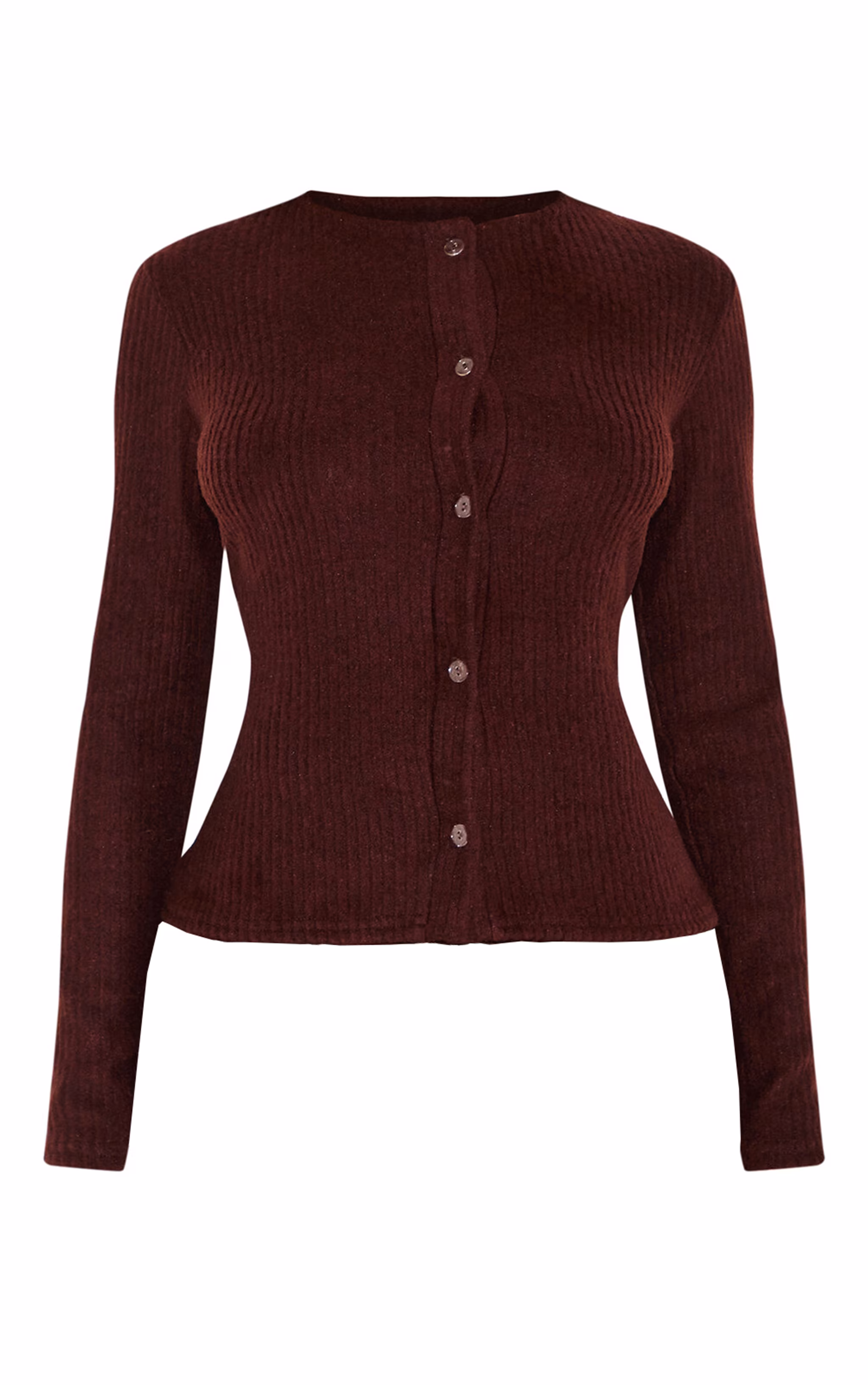 Petite Chocolate Brushed Rib Button Through Top