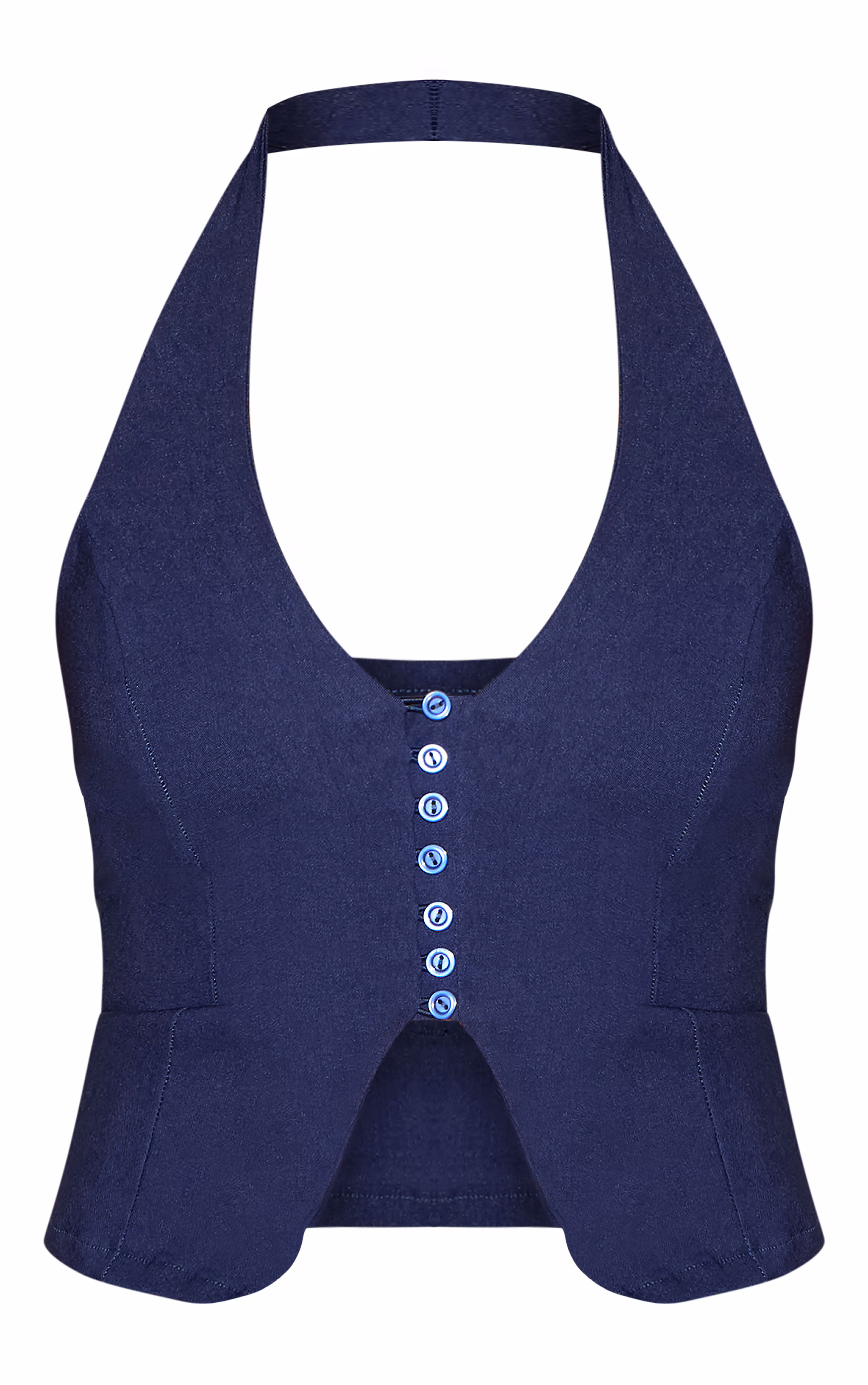 Navy Bengaline Button Up Halterneck Long Top