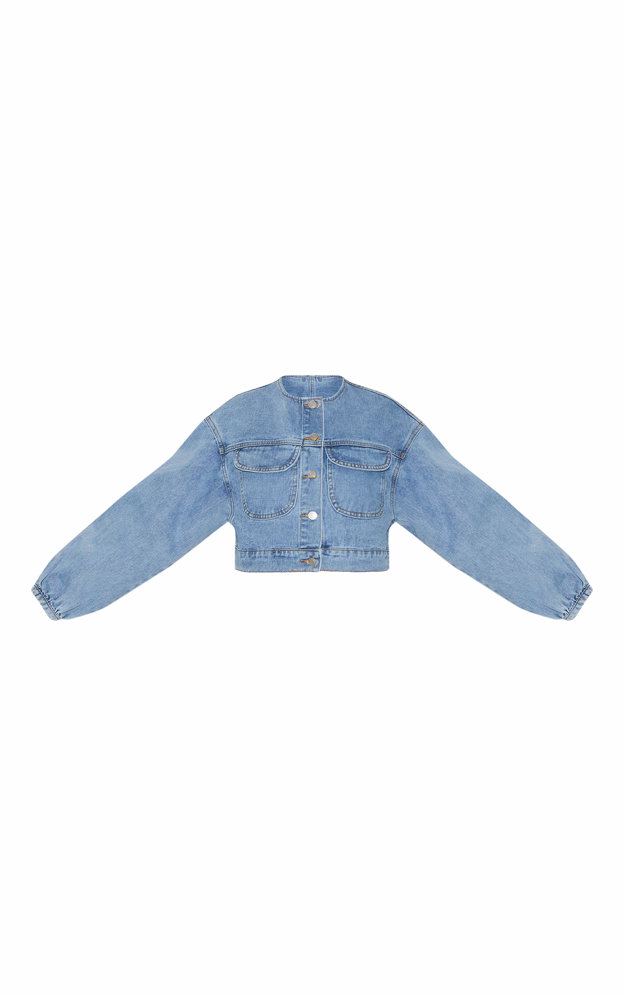 Mid Blue Wash Round Neck Crop Denim Jacket