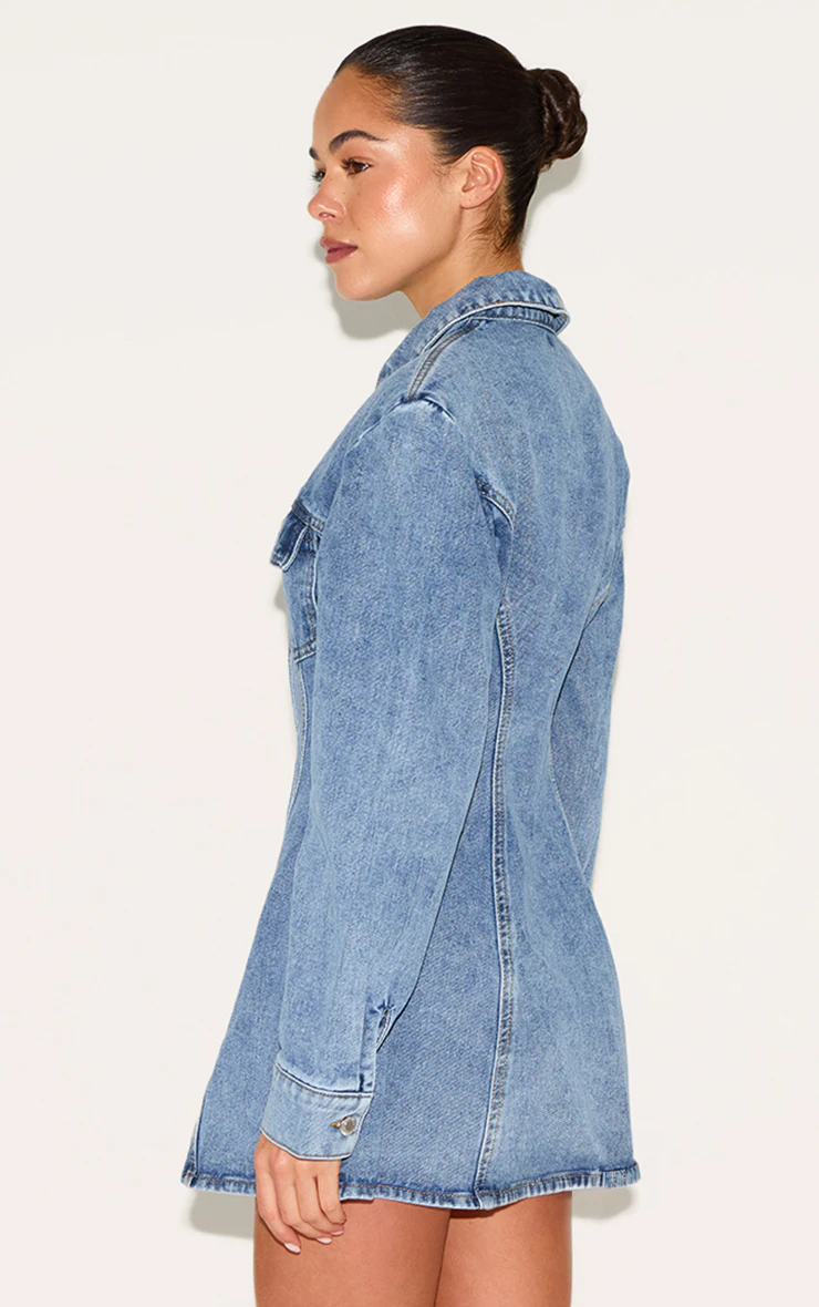 Mid Blue Wash Cinched Waist Denim Shirt Dress