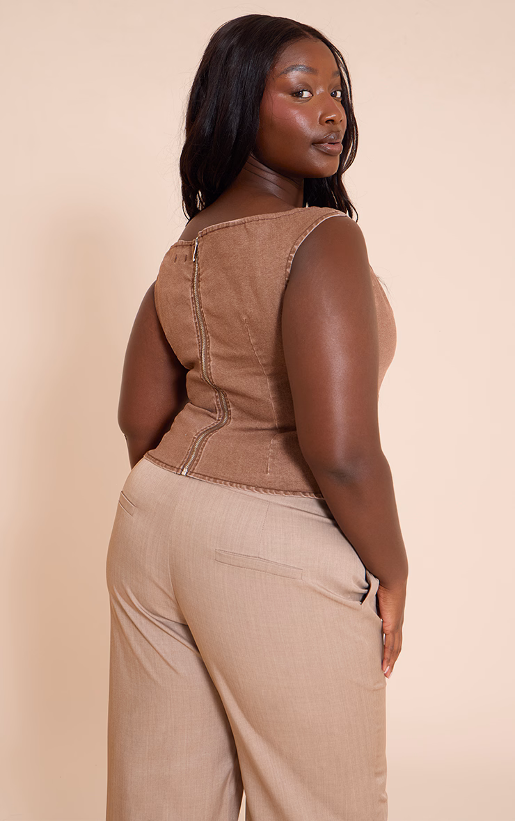 Plus Brown Off The Shoulder Stretch Denim Top