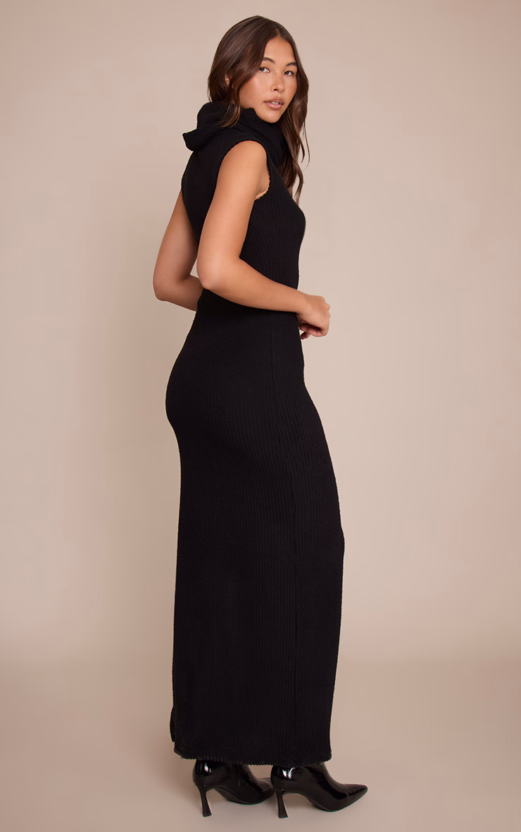 Black Brushed Rib Roll Neck Sleeveless Maxi Dress
