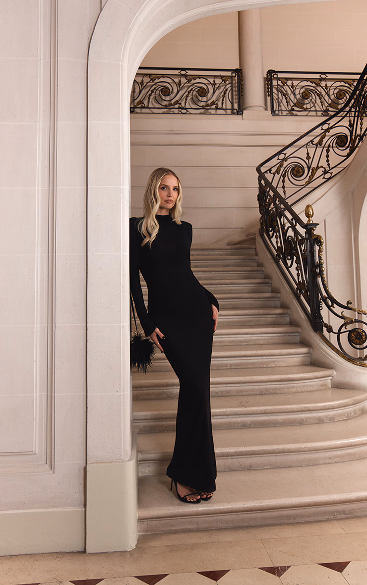 Premium Black Mesh Feather Pom Pom Open Back Maxi Dress