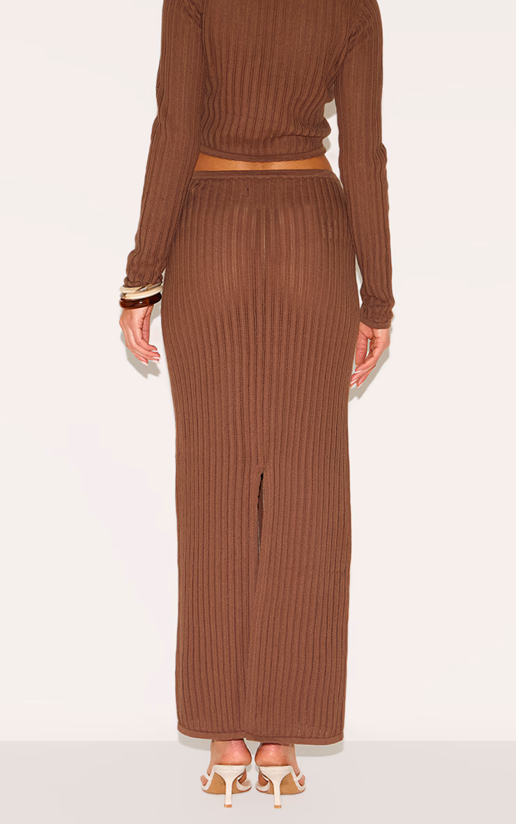 Mocha Pointelle Knit Trim Split Maxi Skirt