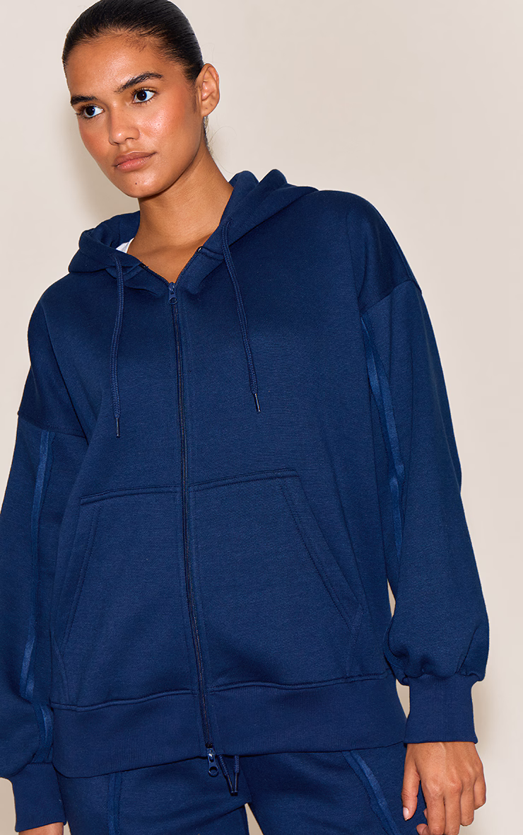 Navy Oversized Zip Through Seam Detail Hoodie