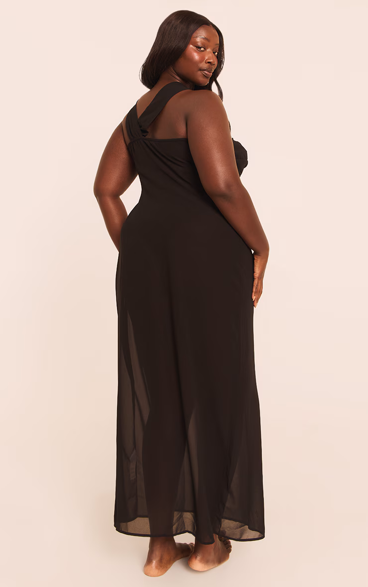 Plus Black Ruched Chiffon Maxi Beach Dress